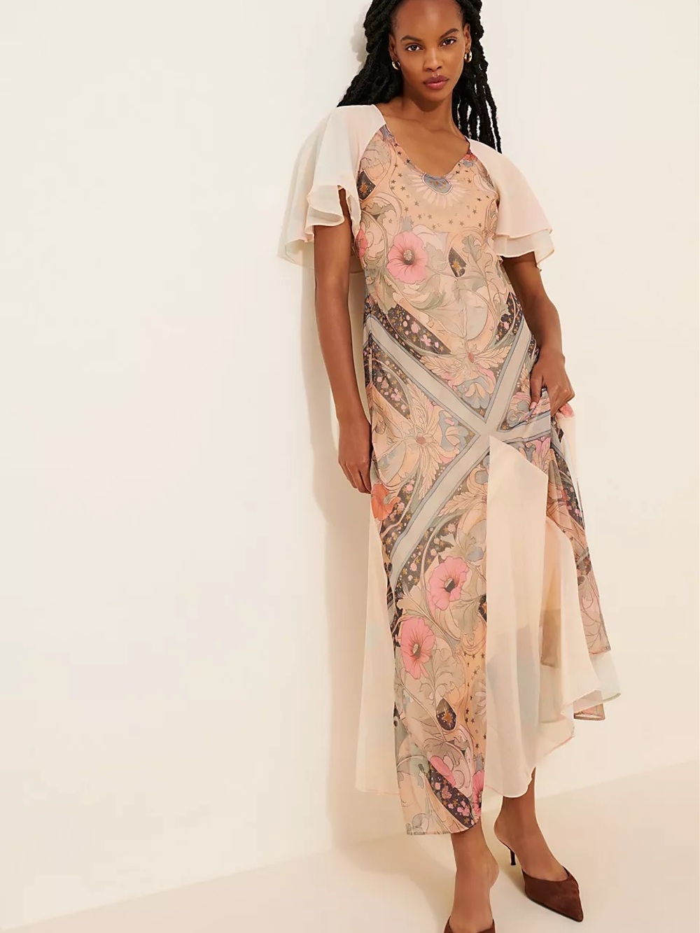 NWT Free People Celestial Nights Maxi Dress Fairy Combo Pink Cape Sleeve Size S